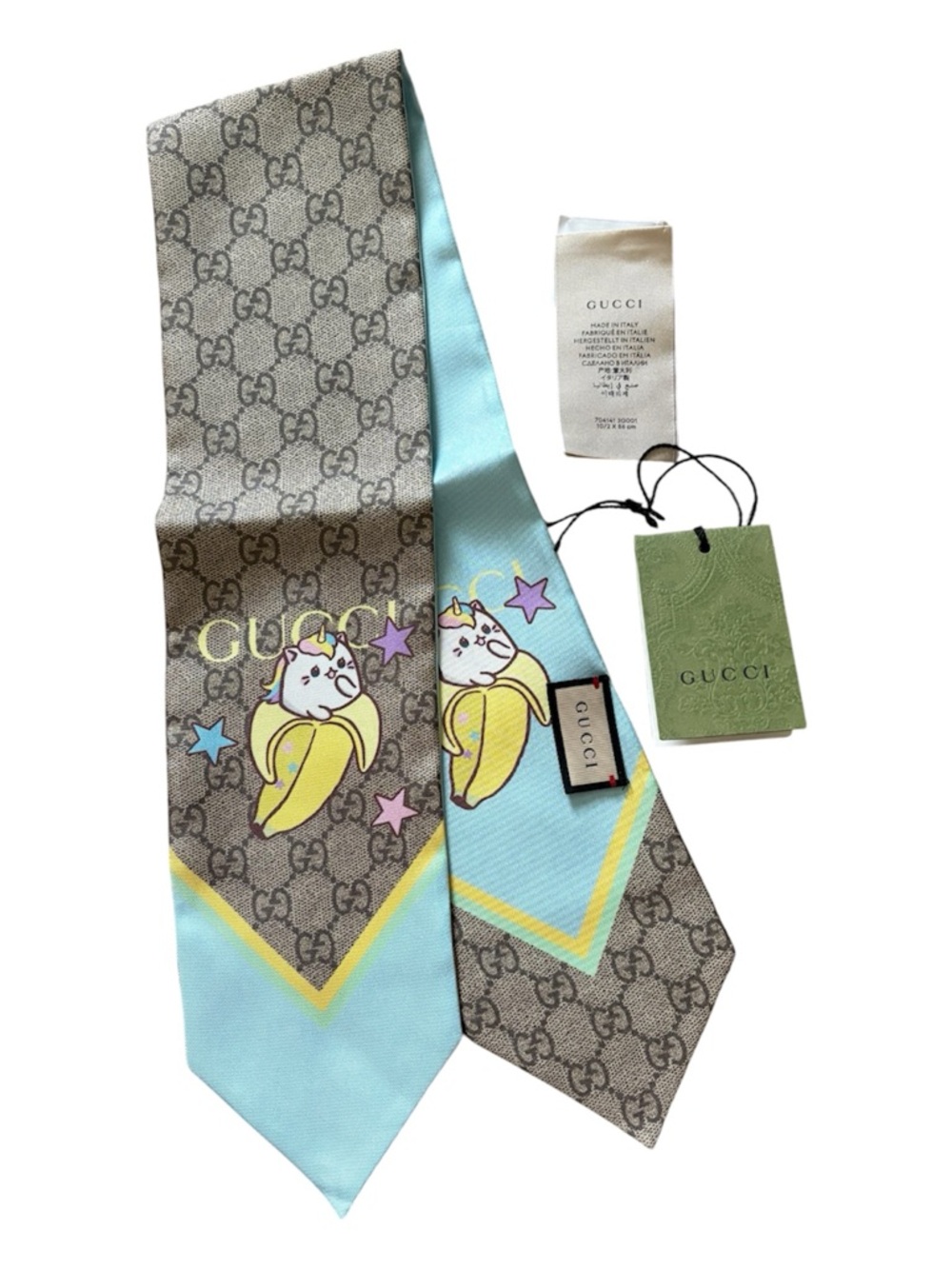 Gucci Brown & Light Blue Silk Monogram Scarf with Banana Graphic - Picture 4 of 13